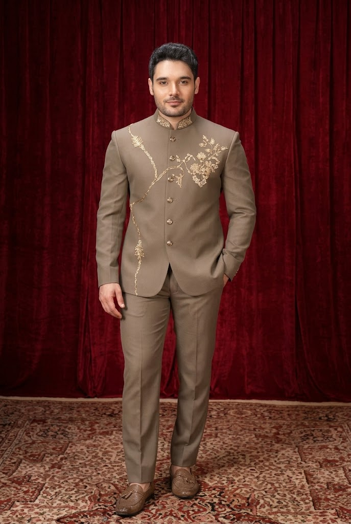 Taupe Gold Embroidered Jodhpuri Suit