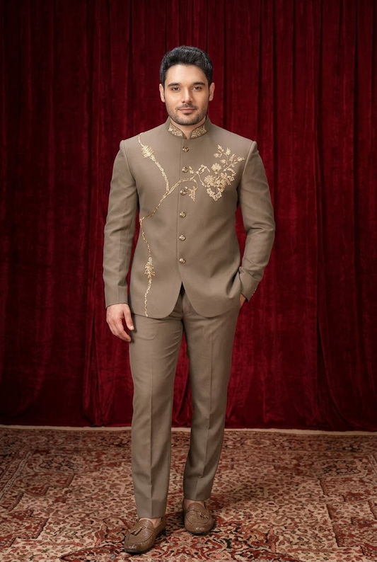 Taupe Gold Embroidered Jodhpuri Suit