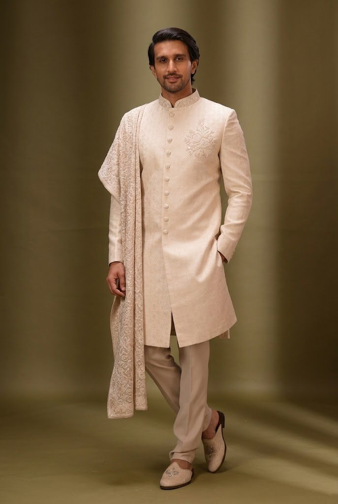 Ivory Embroidered Sherwani with Stole