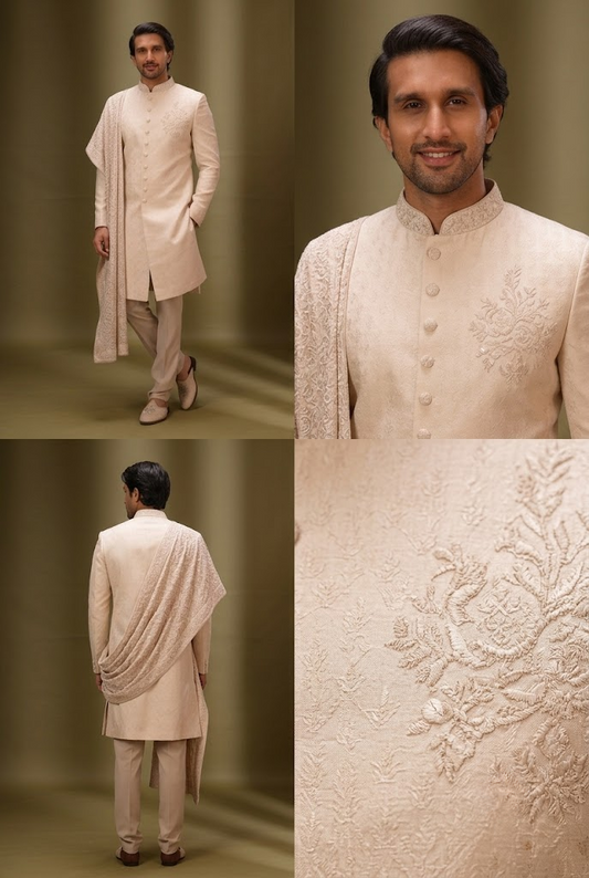 Ivory Embroidered Sherwani with Stole