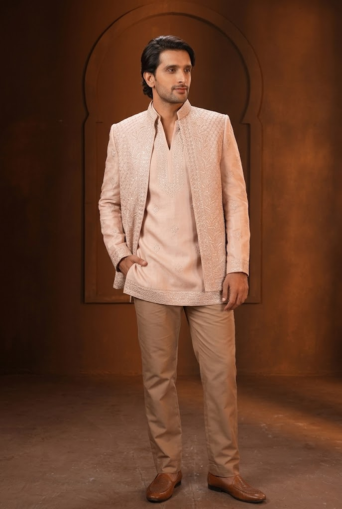 Peach Embroidered Indo-Western Jacket Set
