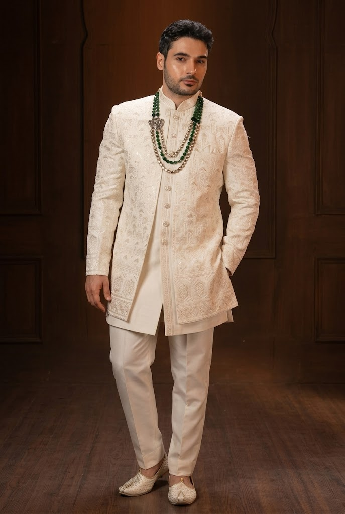 Ivory Embroidered Groom Sherwani