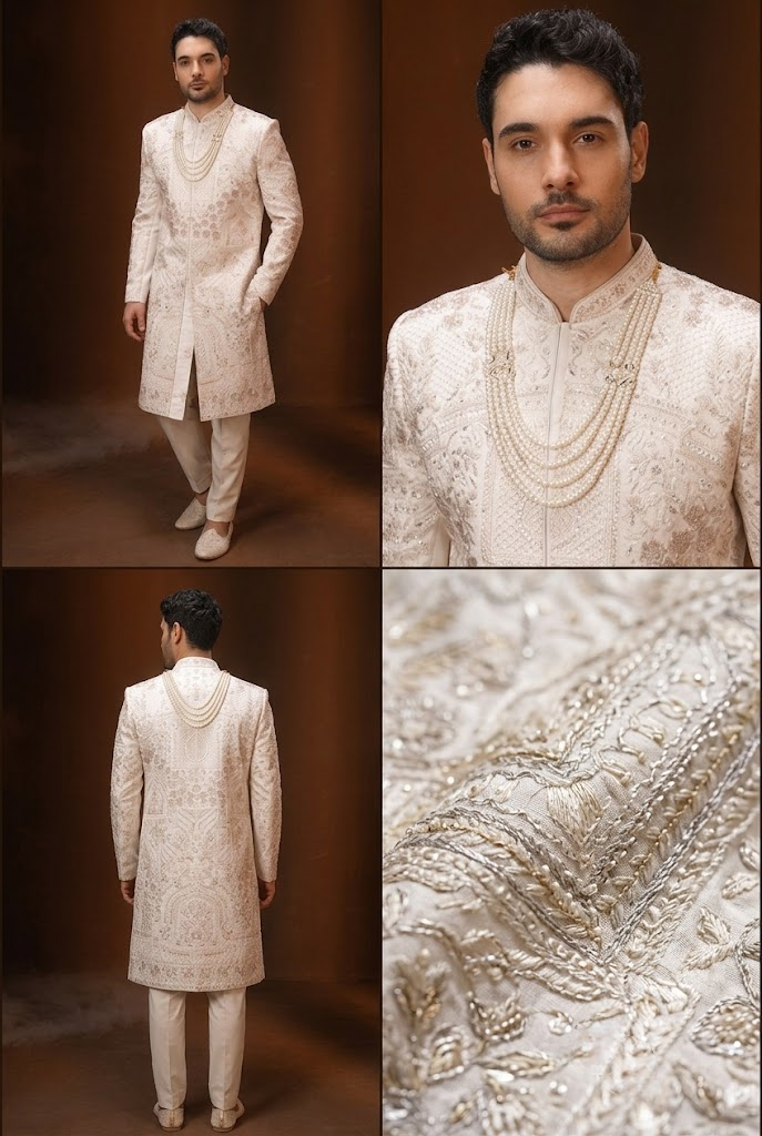 Ivory Pearl Embroidered Groom Sherwani