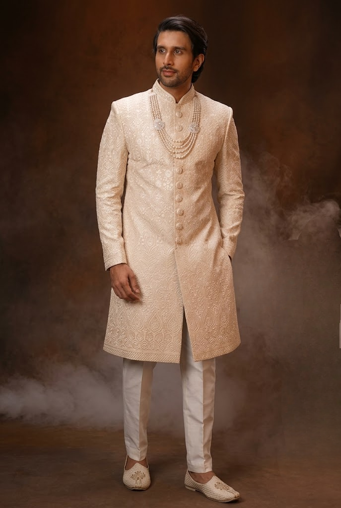 Ivory Textured Groom Sherwani
