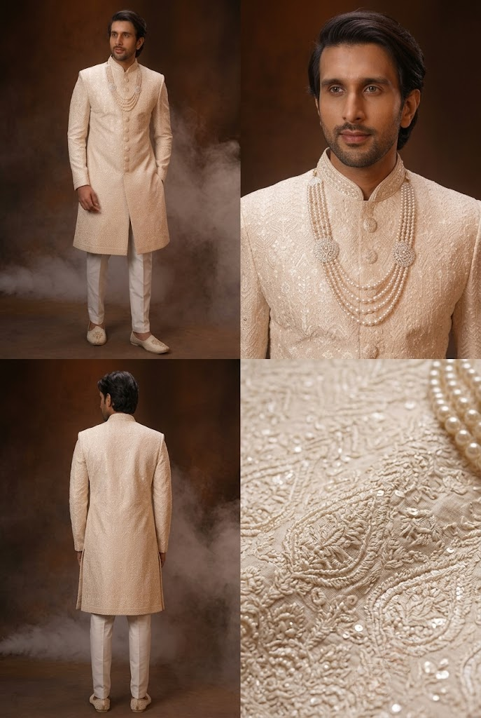 Ivory Textured Groom Sherwani