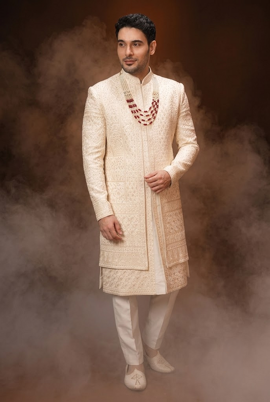 Ivory Embroidered Groom Sherwani