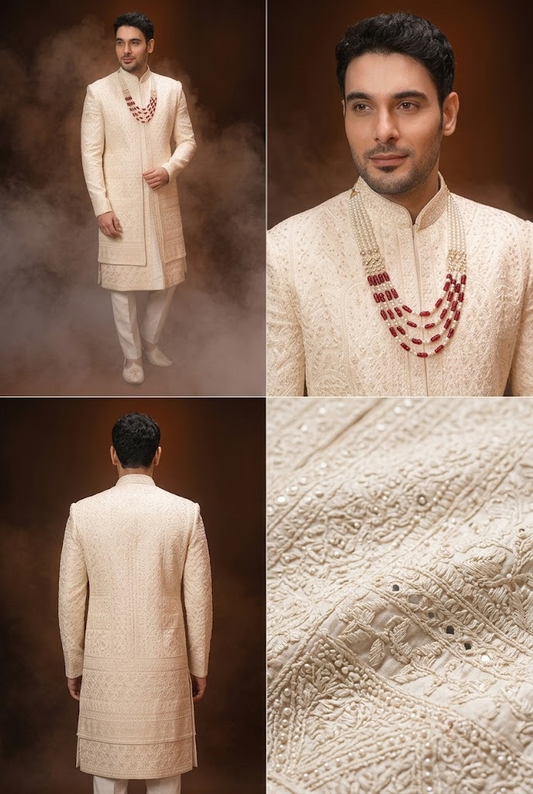 Ivory Embroidered Groom Sherwani
