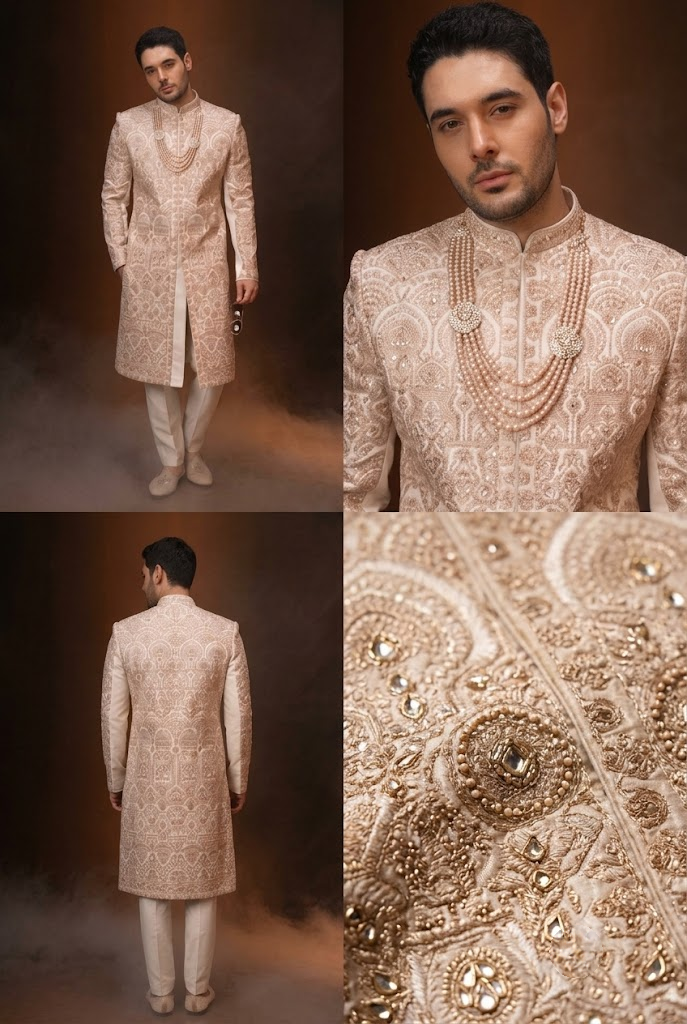 Rose Gold Embroidered Groom Sherwani