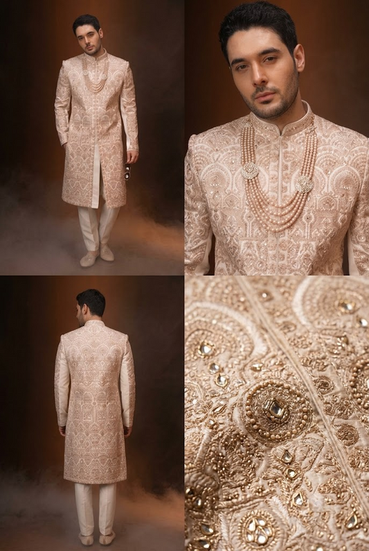 Rose Gold Embroidered Groom Sherwani