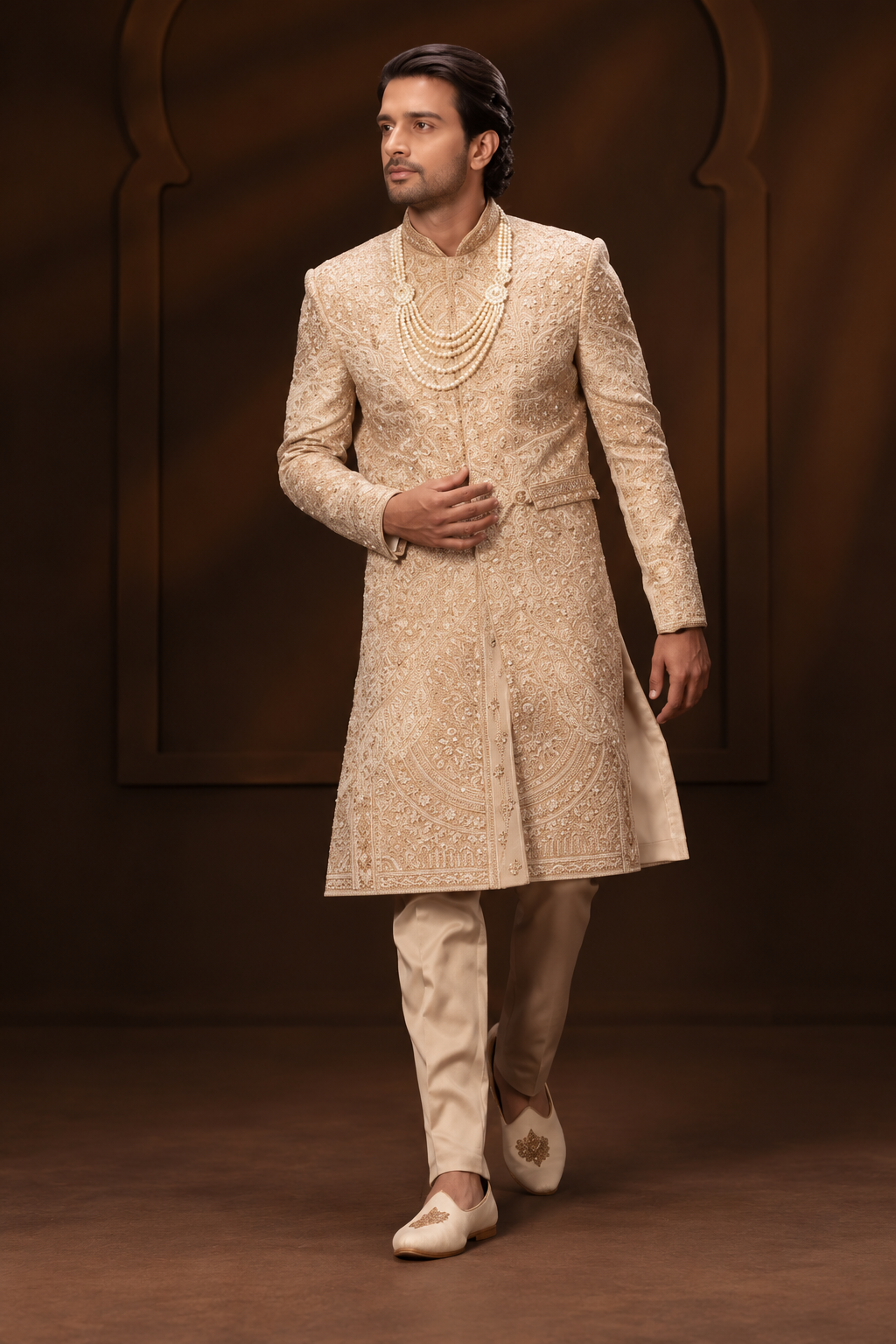 Champagne Gold Embroidered Groom Sherwani