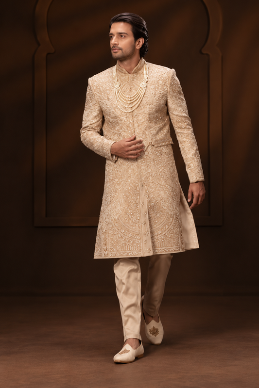Champagne Gold Embroidered Groom Sherwani
