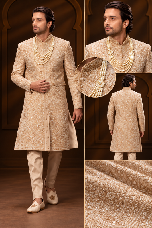 Champagne Gold Embroidered Groom Sherwani