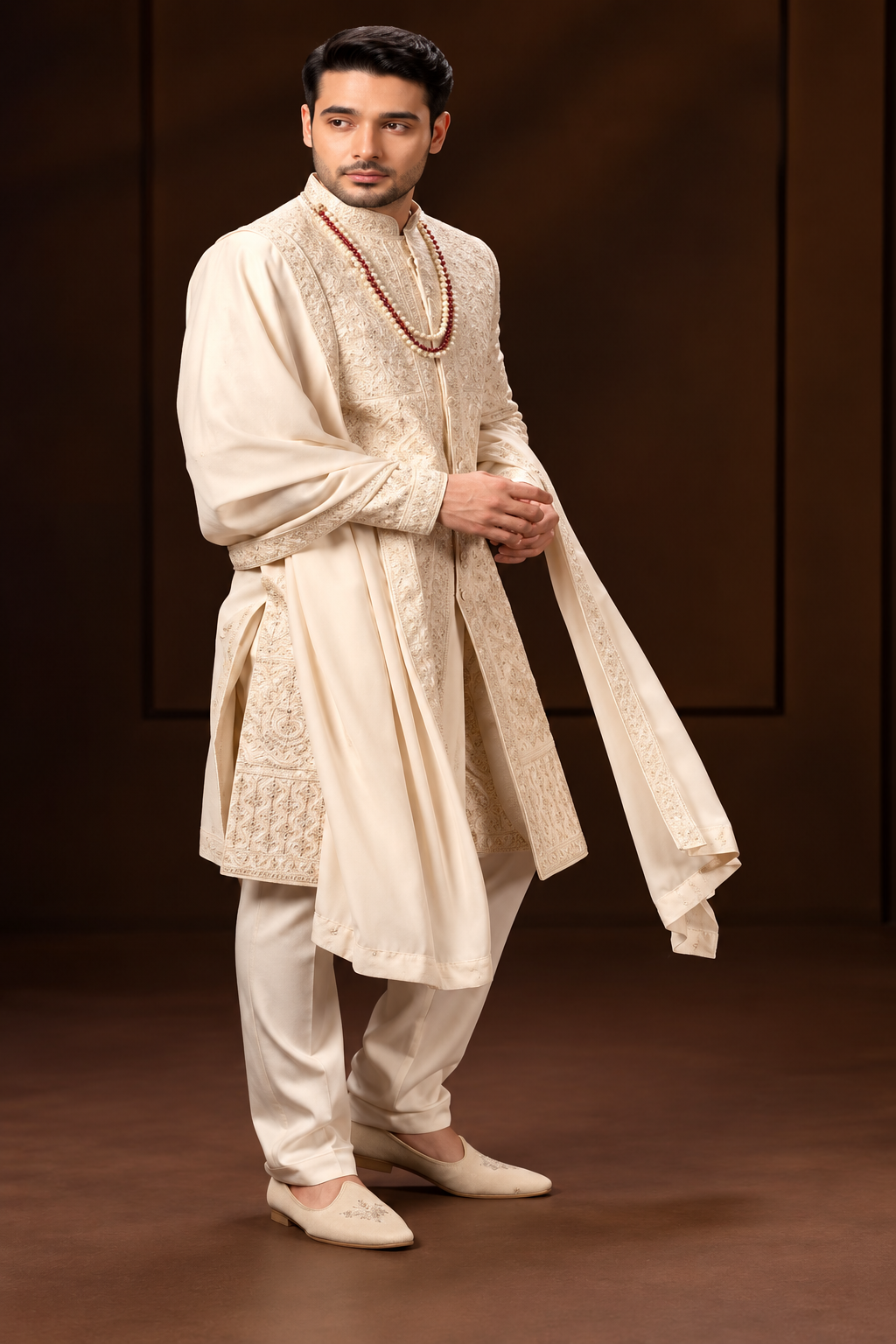 Ivory Embroidered Sherwani with Draped Stole