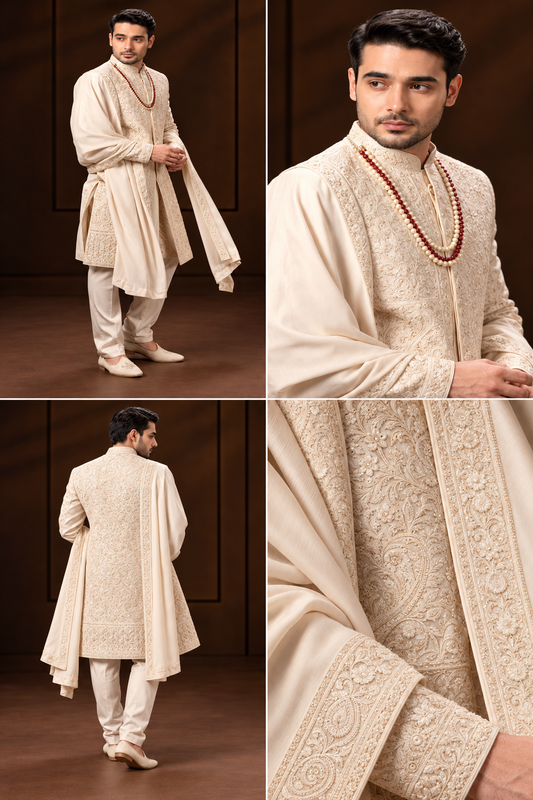 Ivory Embroidered Sherwani with Draped Stole