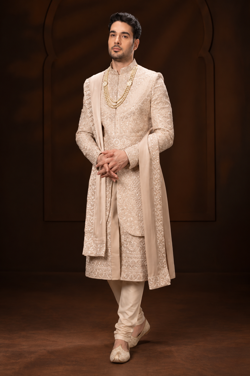Ivory Pearl Embroidered Groom Sherwani
