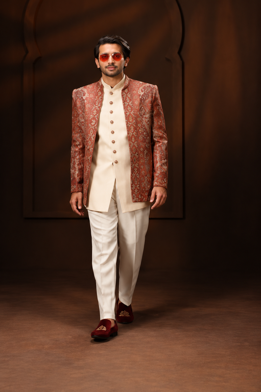 Rust Brocade Indo-Western Jacket Set