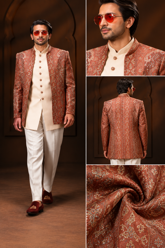 Rust Brocade Indo-Western Jacket Set