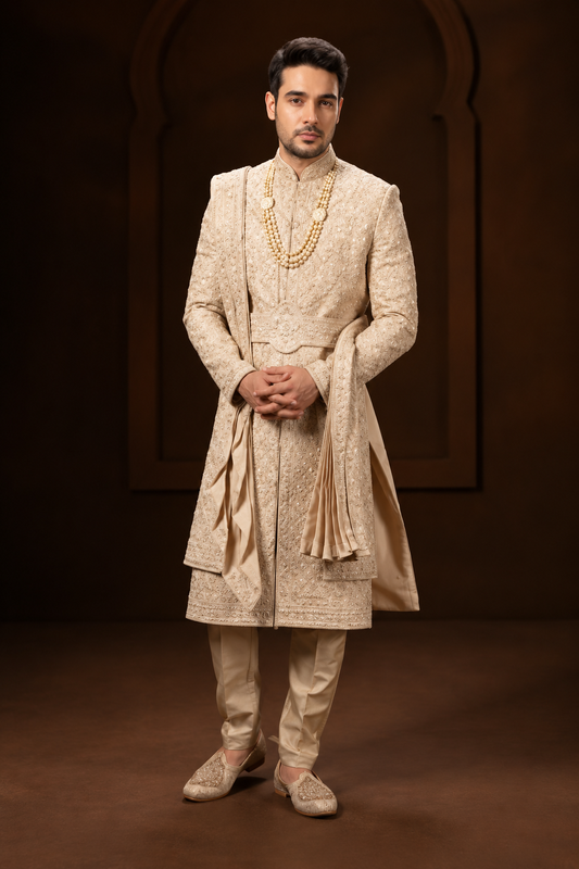 Beige Royal Embroidered Groom Sherwani