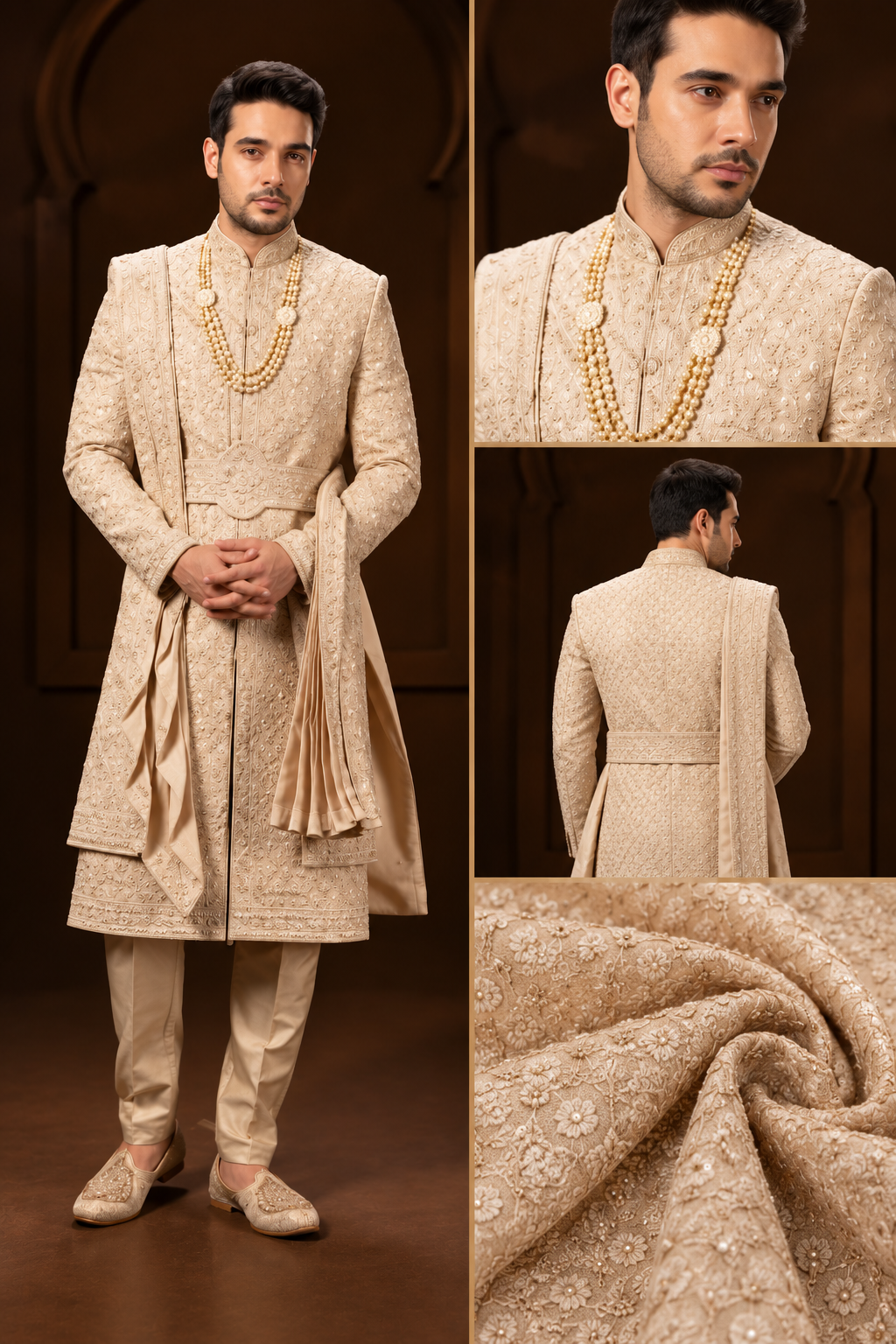 Beige Royal Embroidered Groom Sherwani