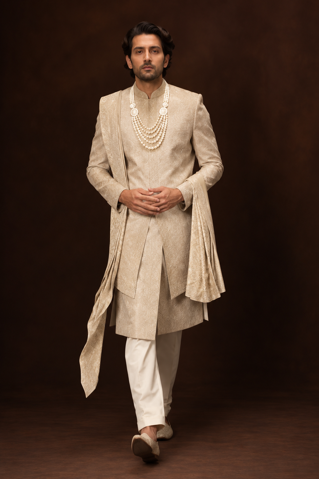 Classic Beige Jacquard Groom Sherwani