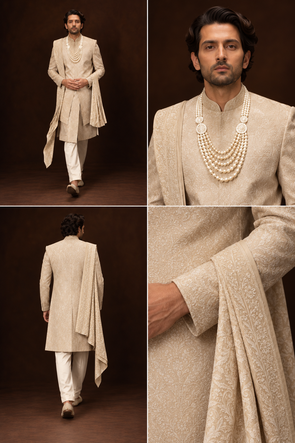 Classic Beige Jacquard Groom Sherwani