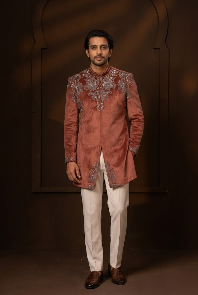 Rust Embroidered Indo-Western Jacket Set