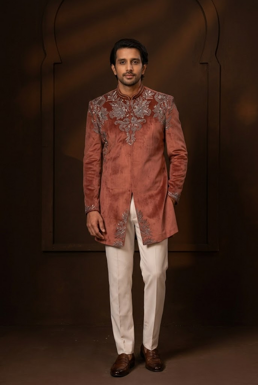 Rust Embroidered Indo-Western Jacket Set