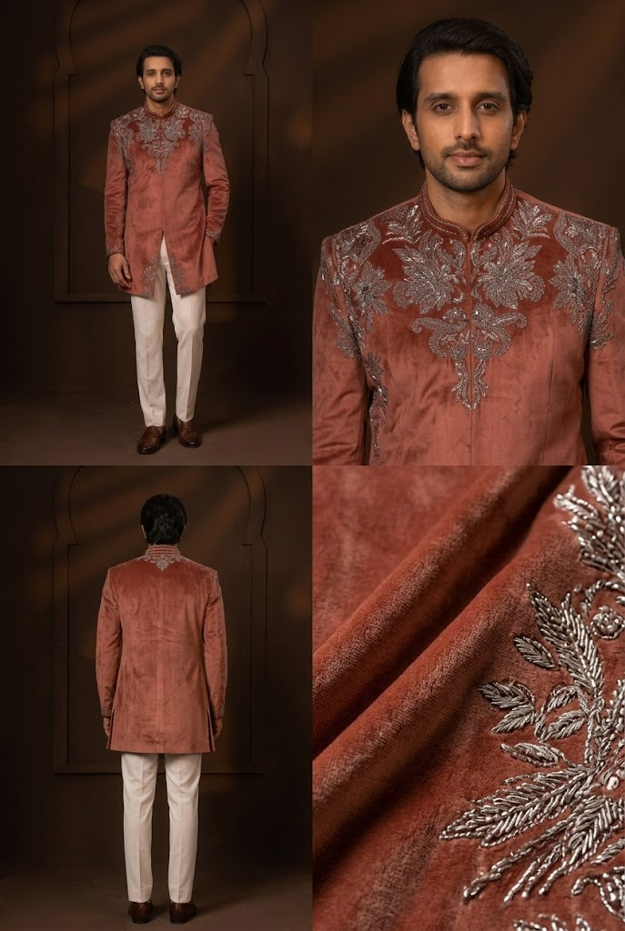 Rust Embroidered Indo-Western Jacket Set