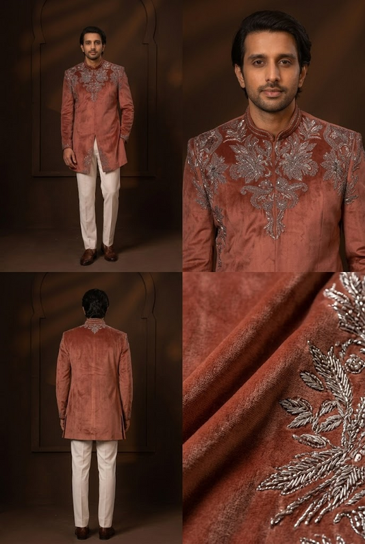 Rust Embroidered Indo-Western Jacket Set