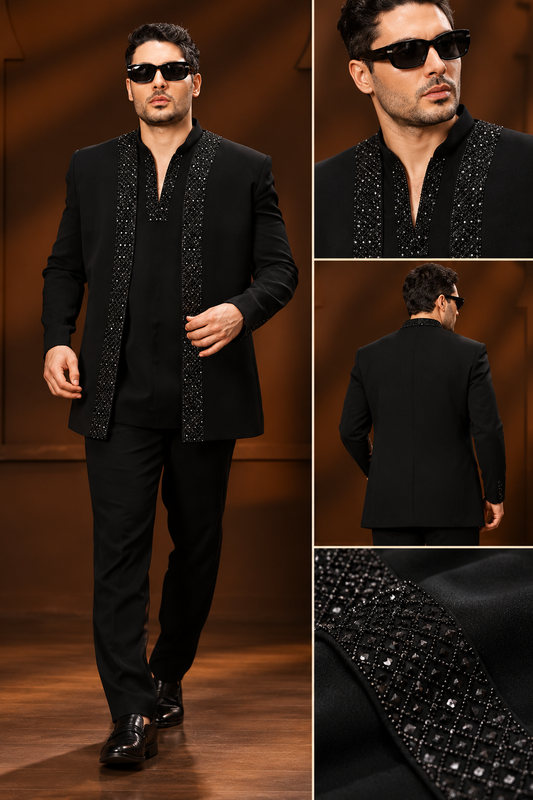 Midnight Black Embellished Indo-Western Suit