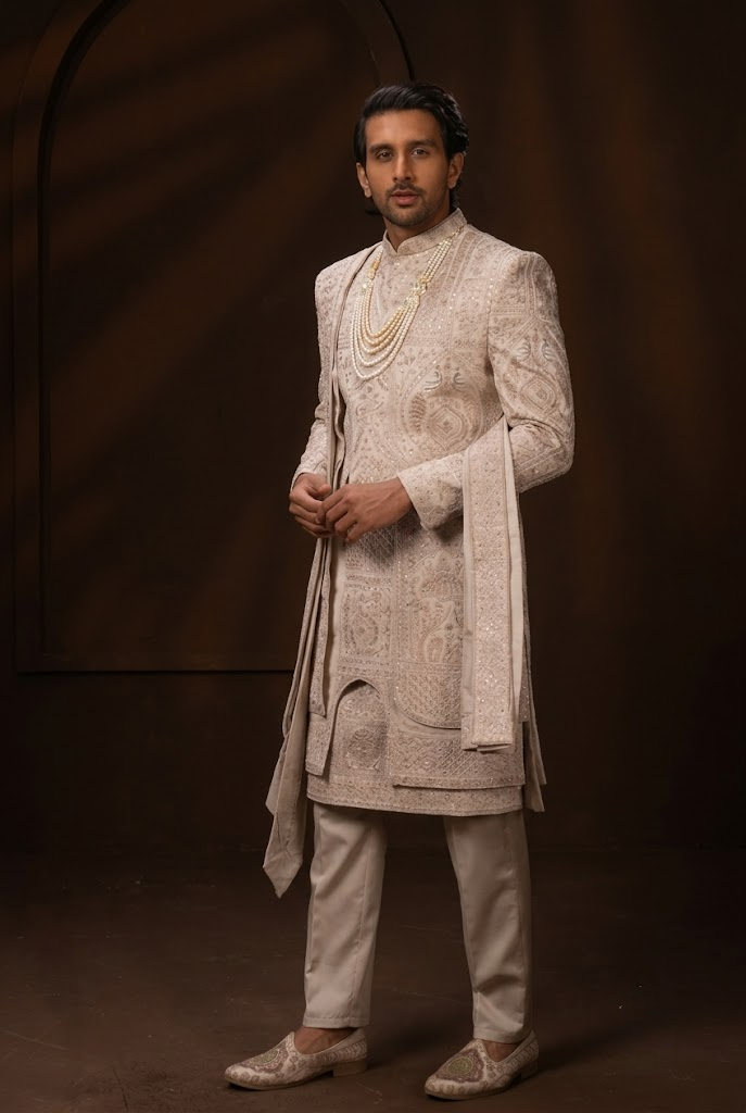 Champagne Embroidered Groom Sherwani with Stole