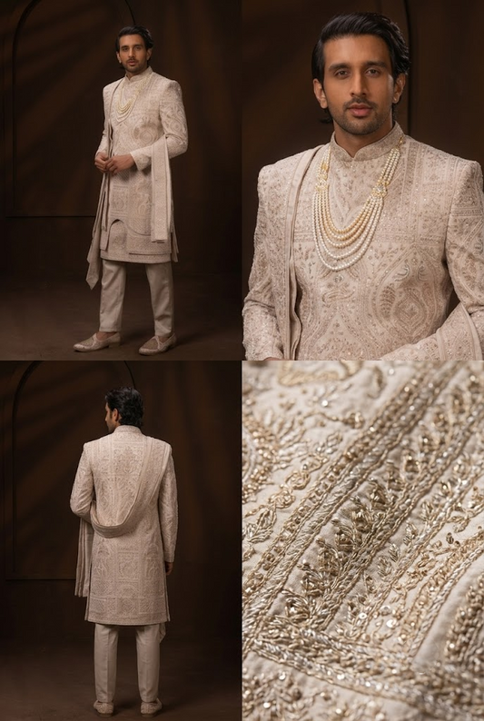 Champagne Embroidered Groom Sherwani with Stole