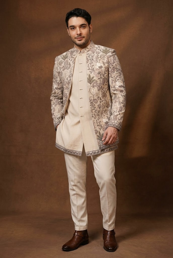 Beige Floral Embroidered Indo-Western Jacket Set