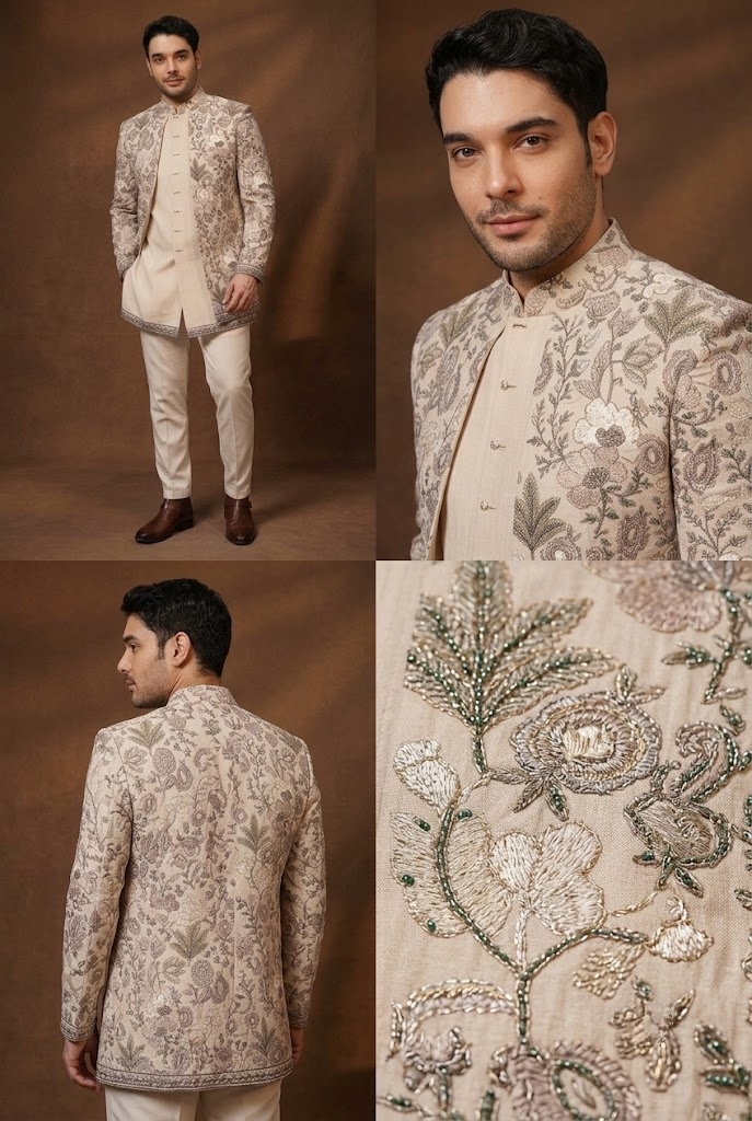Beige Floral Embroidered Indo-Western Jacket Set