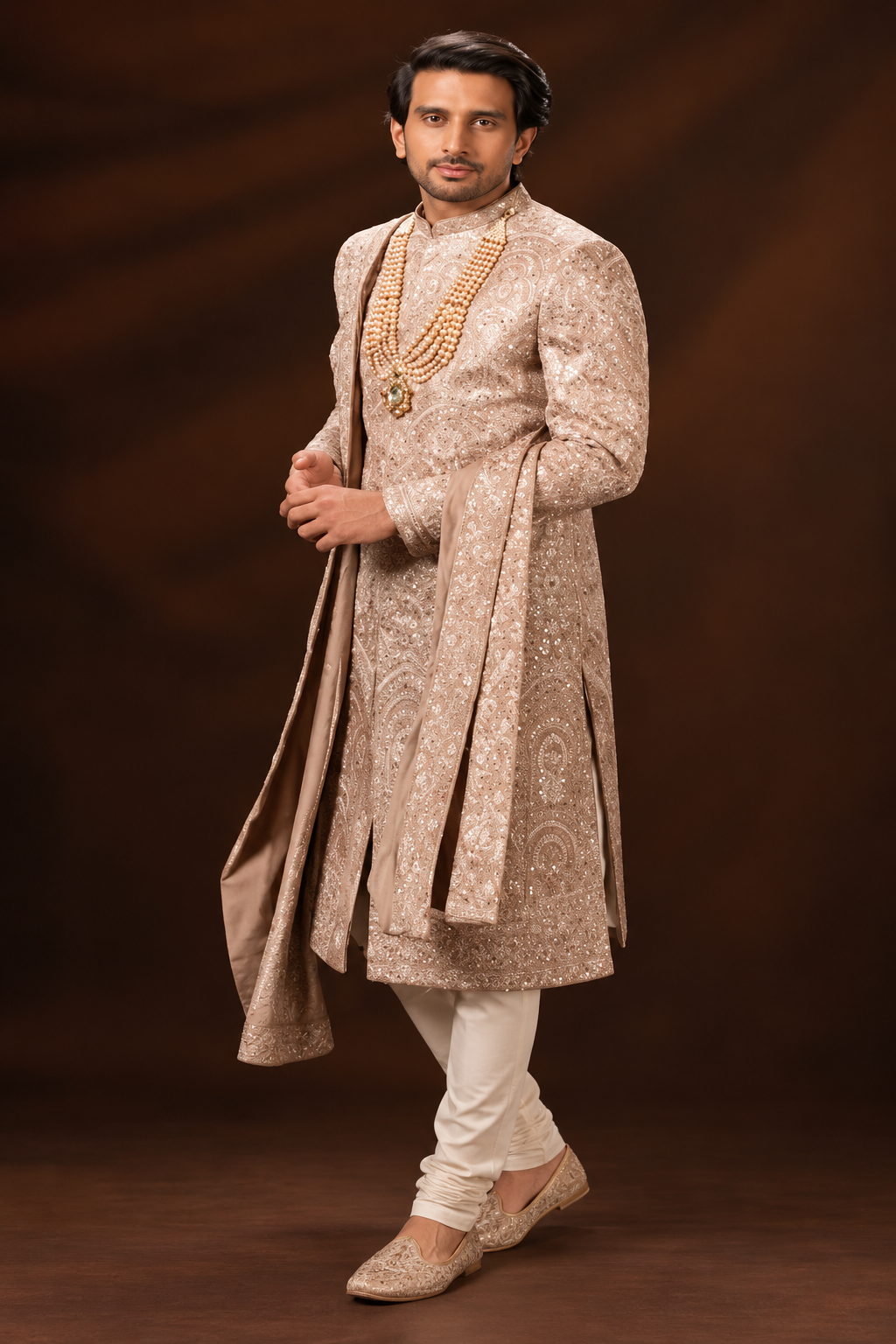 Champagne Gold Embroidered Groom Sherwani