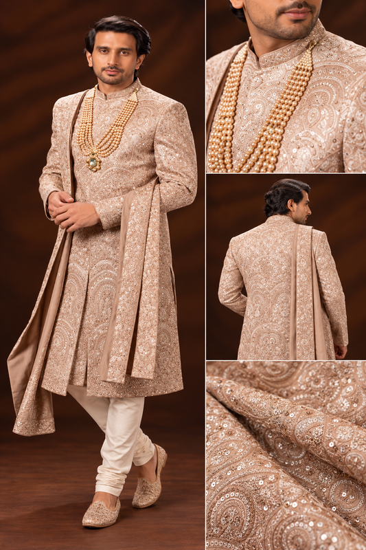Champagne Gold Embroidered Groom Sherwani