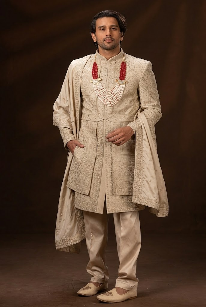 Beige Royal Embroidered Groom Sherwani