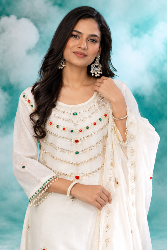 Ivory Elegance Embroidered Dupatta Set
