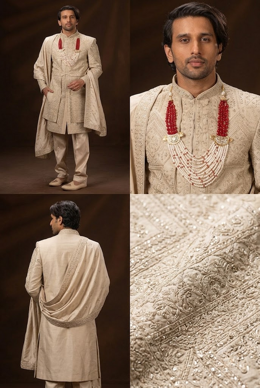Beige Royal Embroidered Groom Sherwani