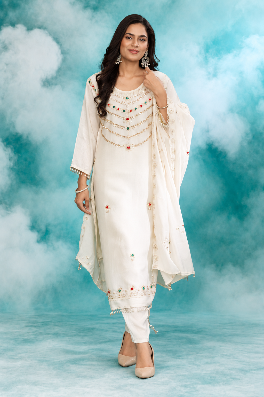 Ivory Elegance Embroidered Dupatta Set
