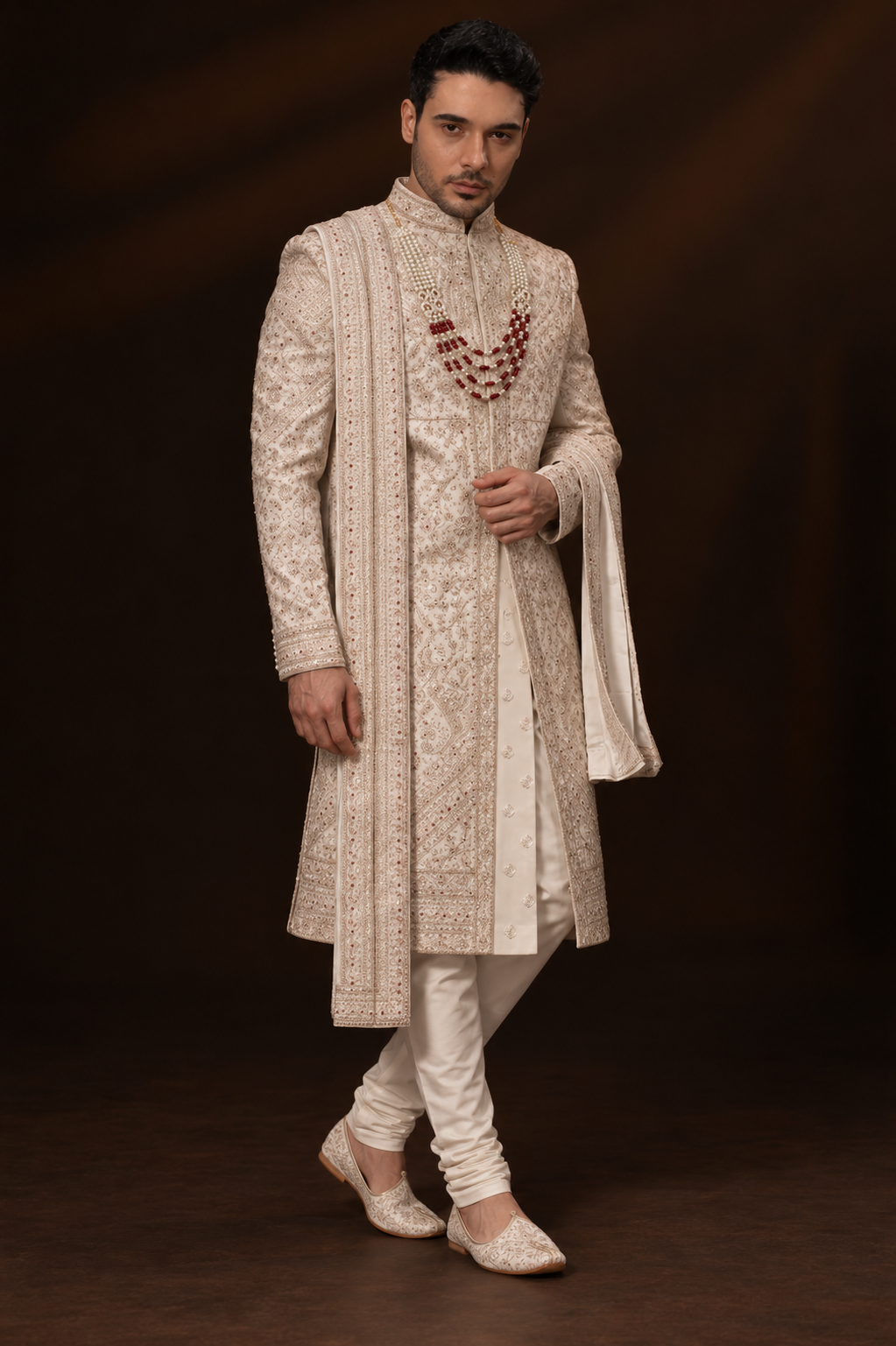 Ivory Pearl Embroidered Groom Sherwani