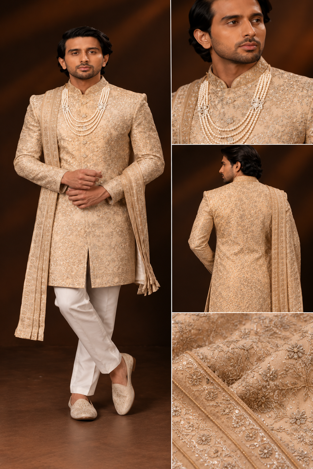 Champagne Gold Embroidered Groom Sherwani