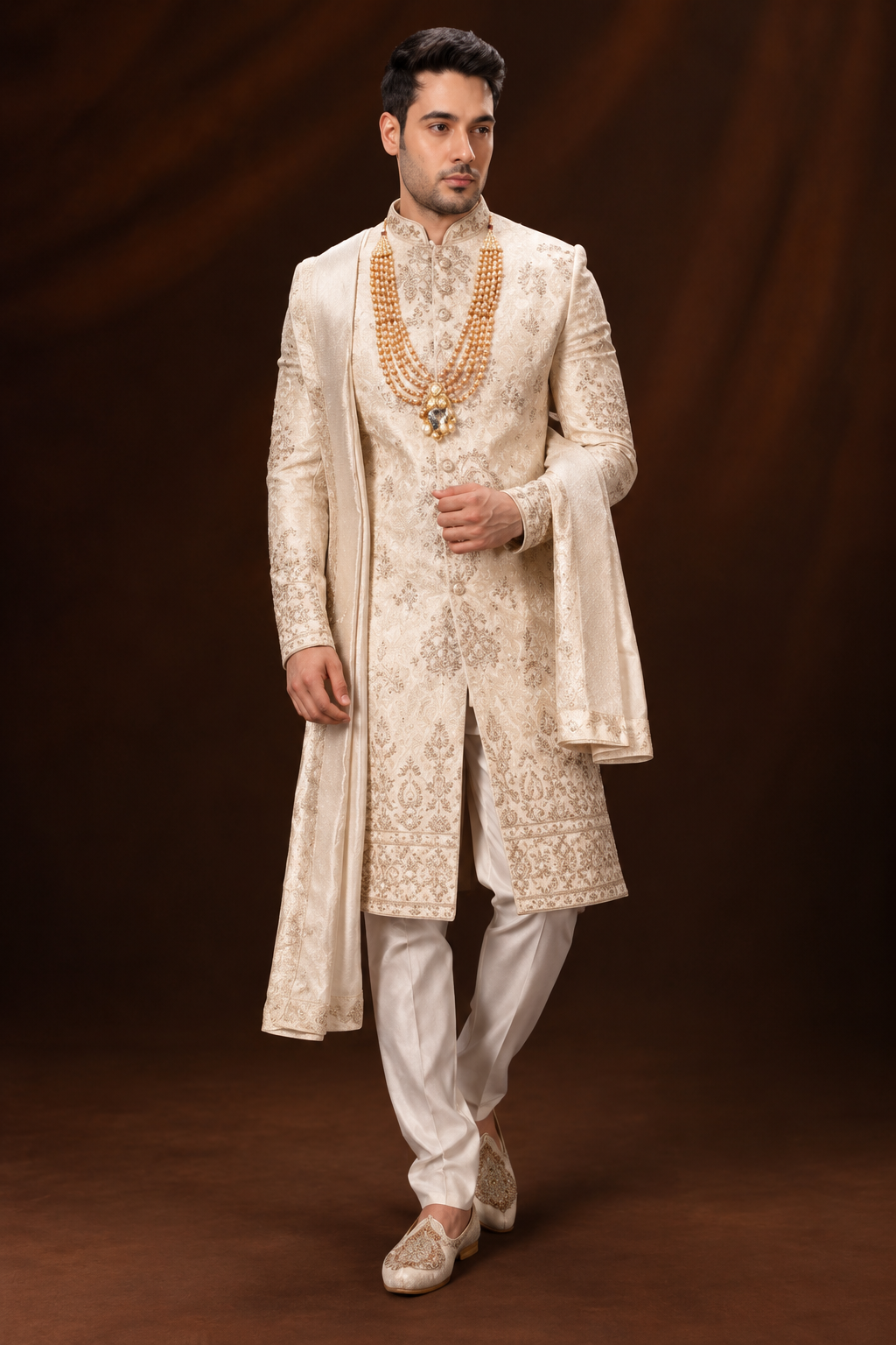 Royal Ivory Gold Embroidered Groom Sherwani