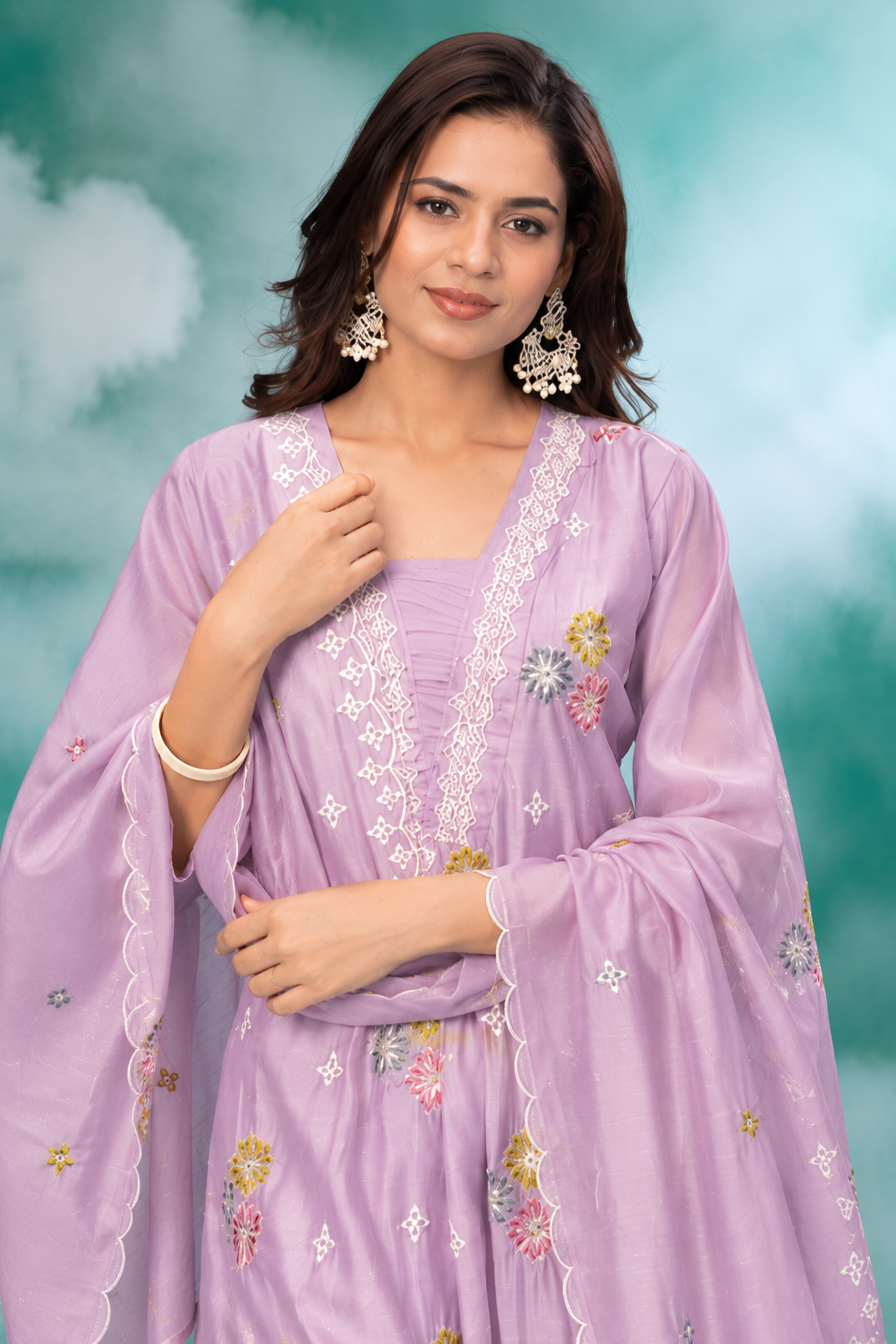 Title: Lavender Bloom Embroidered Dupatta Set