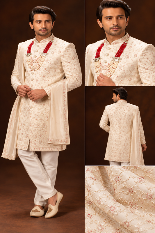 Ivory Floral Embroidered Groom Sherwani