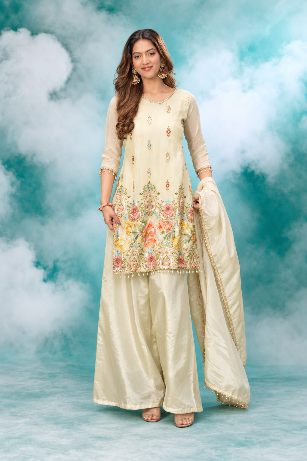 Ivory Bloom Embroidered Dupatta Set