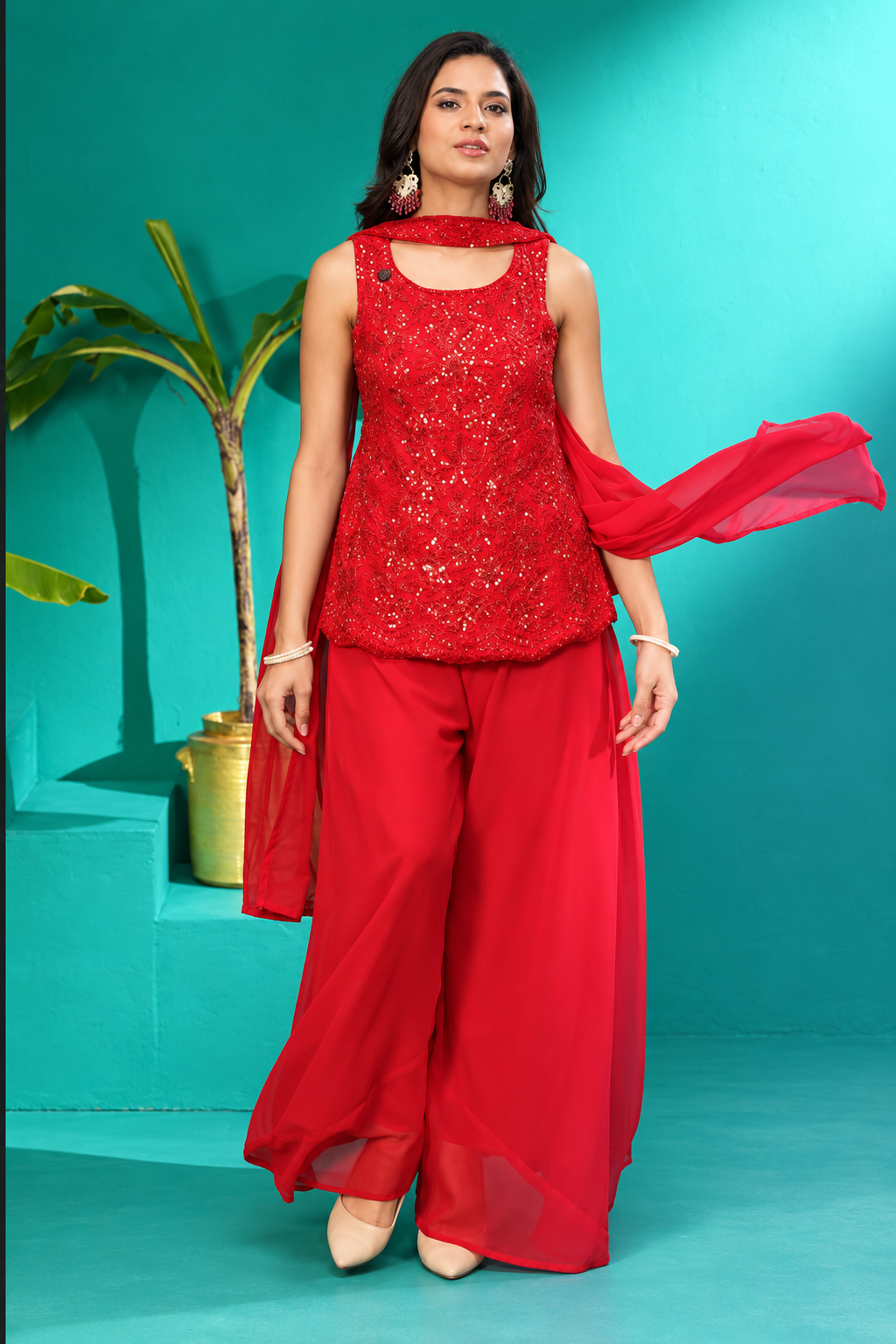 Scarlet Red Embellished Palazzo & Dupatta Set