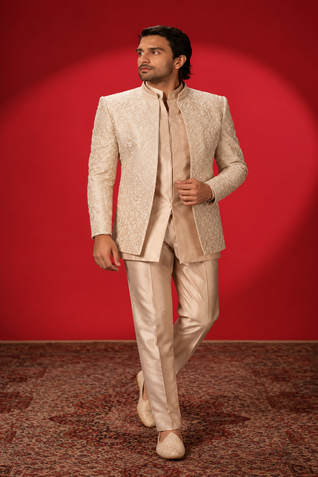Champagne Textured Indo-Western Jacket Set