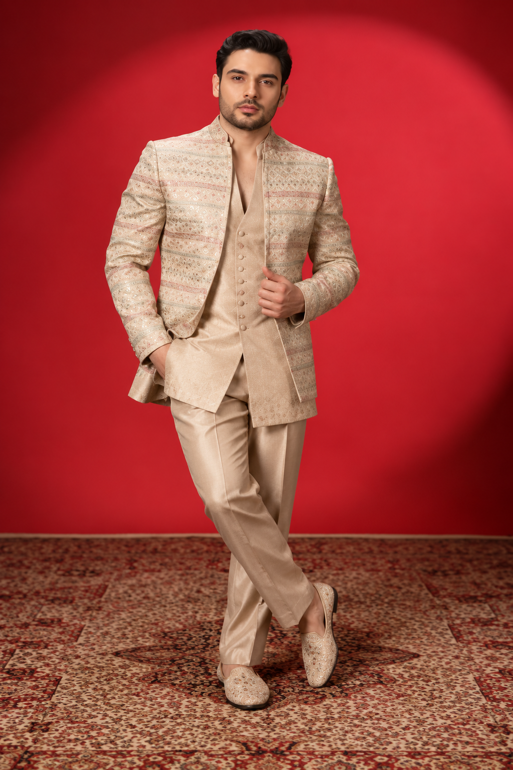 Champagne Jacquard Indo-Western Jacket Set