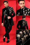 Black Velvet Floral Embroidered Indo-Western Set